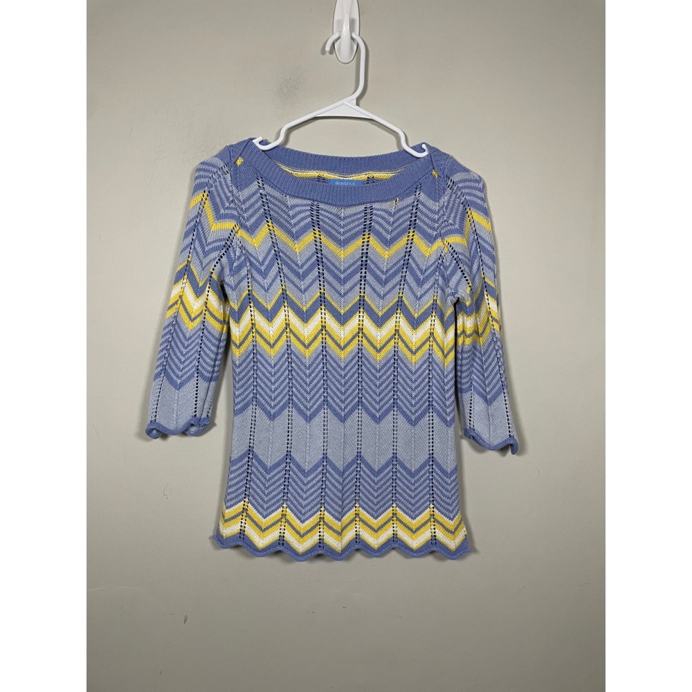 Burgess Chevron Open Knit Boatneck 3/4 Sleeve Sweater Size Small Coastal Knit